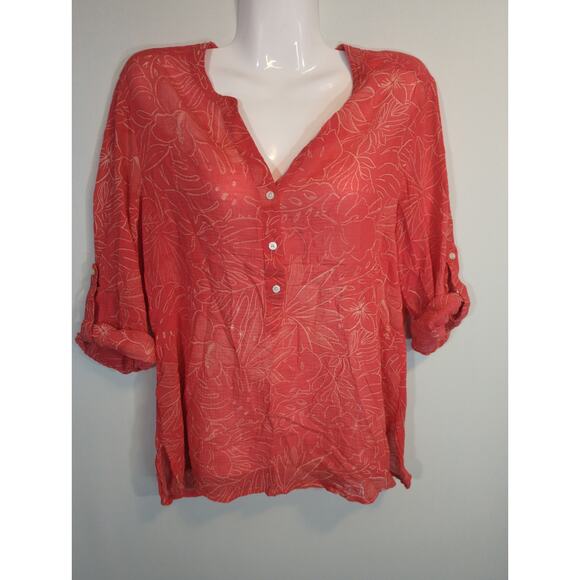 Tomy Bahama Tropical Cotton Popover Blouse - Size M - Red Flowy Relaxed Top - Picture 1 of 8